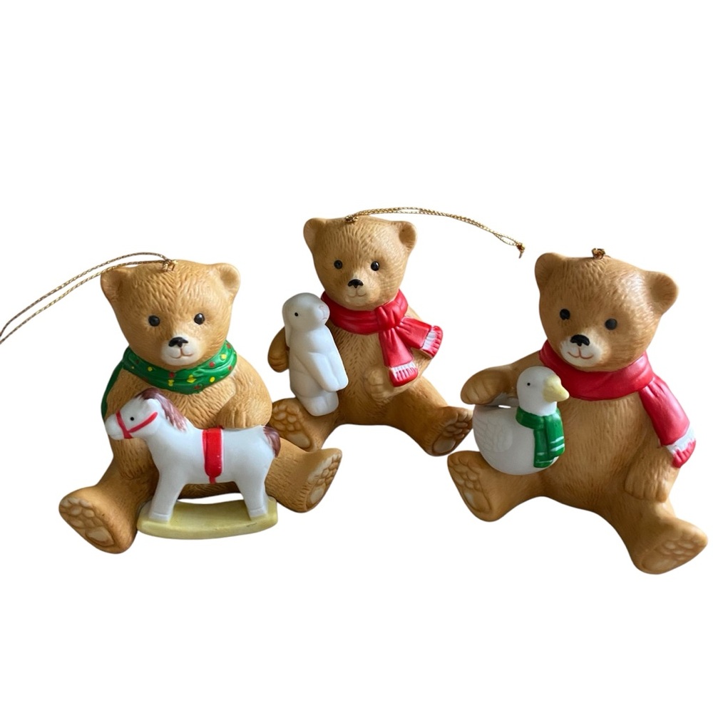 Vintage hand painted ceramic Christmas Teddy Bear collectible ornament set